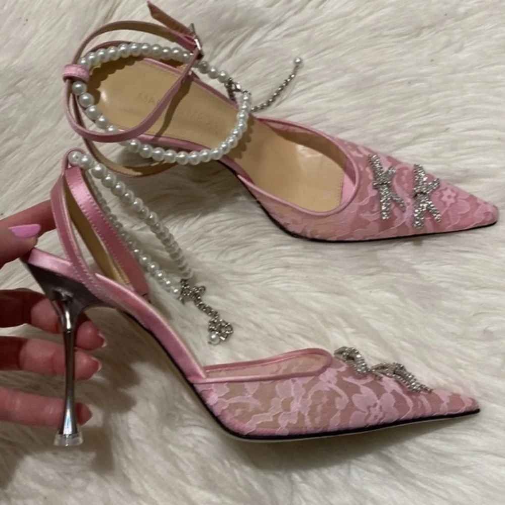Mach & Mach Mini Bow embellished pink kitten lace pump heel‎ size 36EU